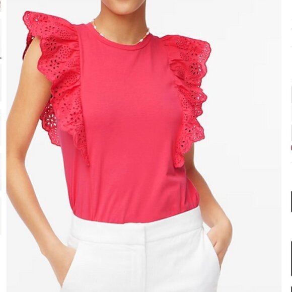 J. Crew Fuchsia Pink Ruffle-Sleeve Eyelet Top, New With Tags - Picture 2 of 4